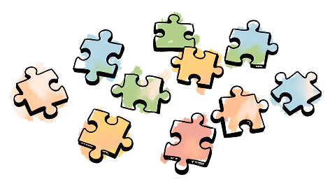 Watercolor illustration of scattered multicolored puzzle pieces.