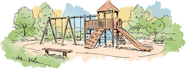 Watercolor illustration of a playground with swings, slide, climbing wall, and benches surrounded by trees.