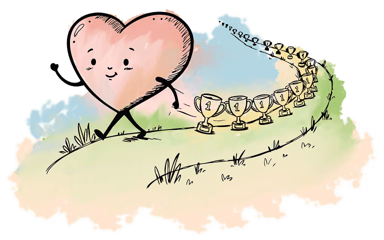 Watercolor illustration of a smiling heart character walks proudly followed by many trophies on a grassy path.