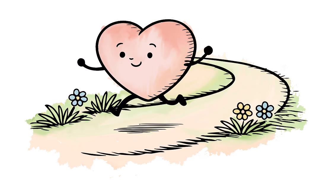 Watercolor illustration of a heart skipping happily on a path with flowers and grass.