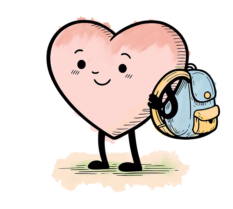 Watercolor illustration of a heart holding a briefcase for school.