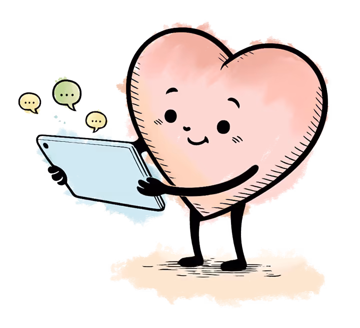 Watercolor illustration of a heart holding an AAC device with speech bubbles around it.
