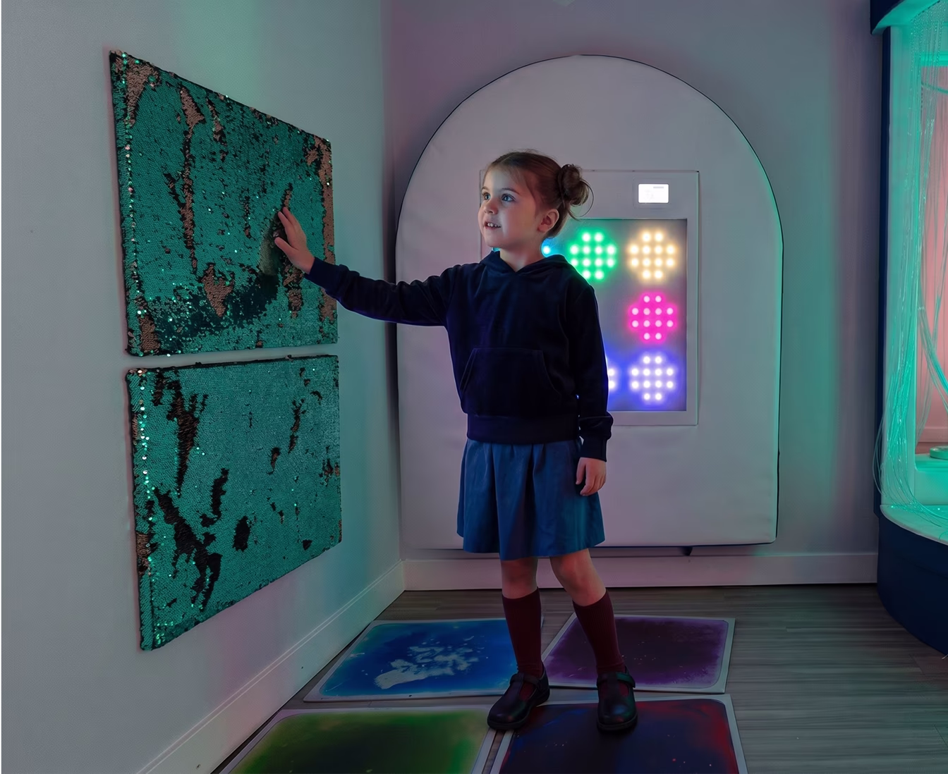 Little girl touching two large green and black sequined wall panels with a wall with colorful lights in the background.