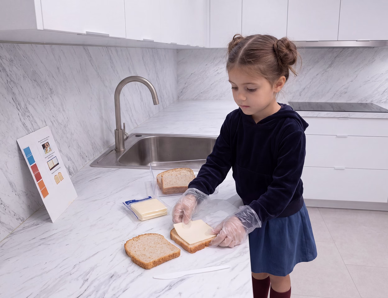 A little girl following instructions in a kitchen to make a cheese sandwich.