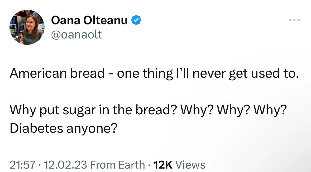 Tweet from SignalFire investor Oana Olteanu about American bread