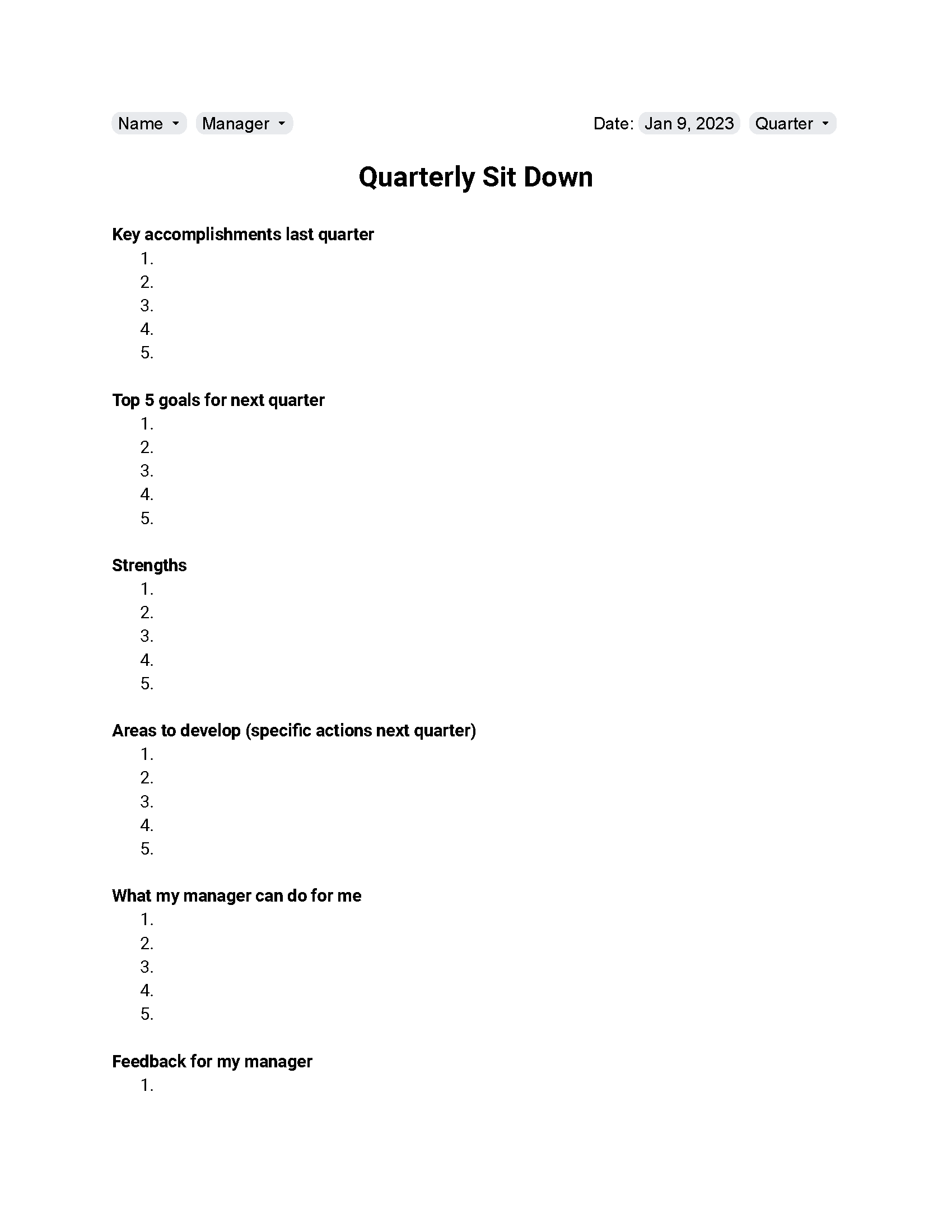 A screenshot of the Quarterly Sit-Down template