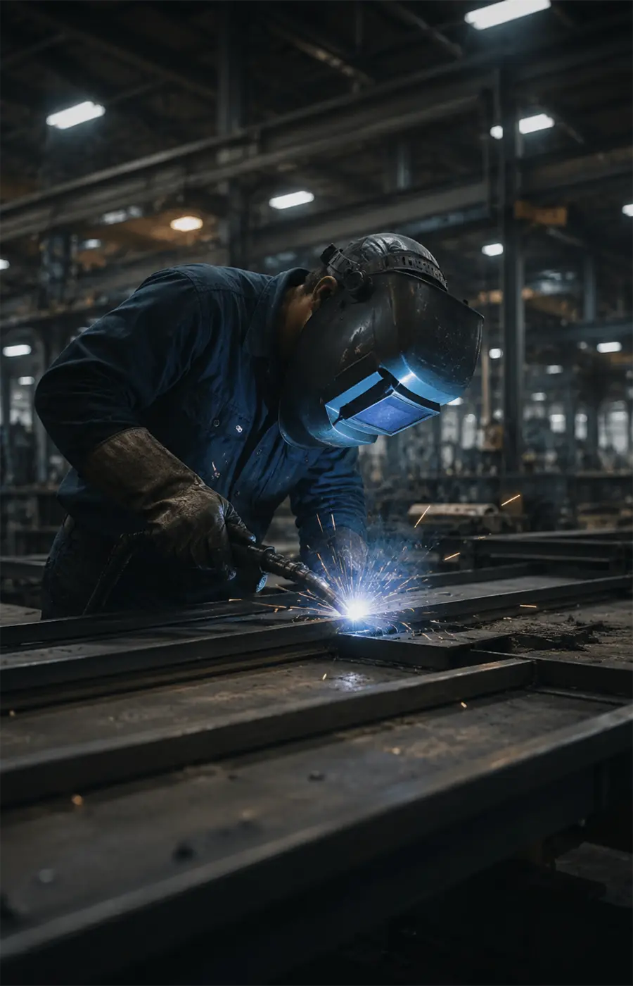 Welder in protective gear working on a steel frame inside a modern industrial workshop, with bright welding sparks and factory lights in the background.