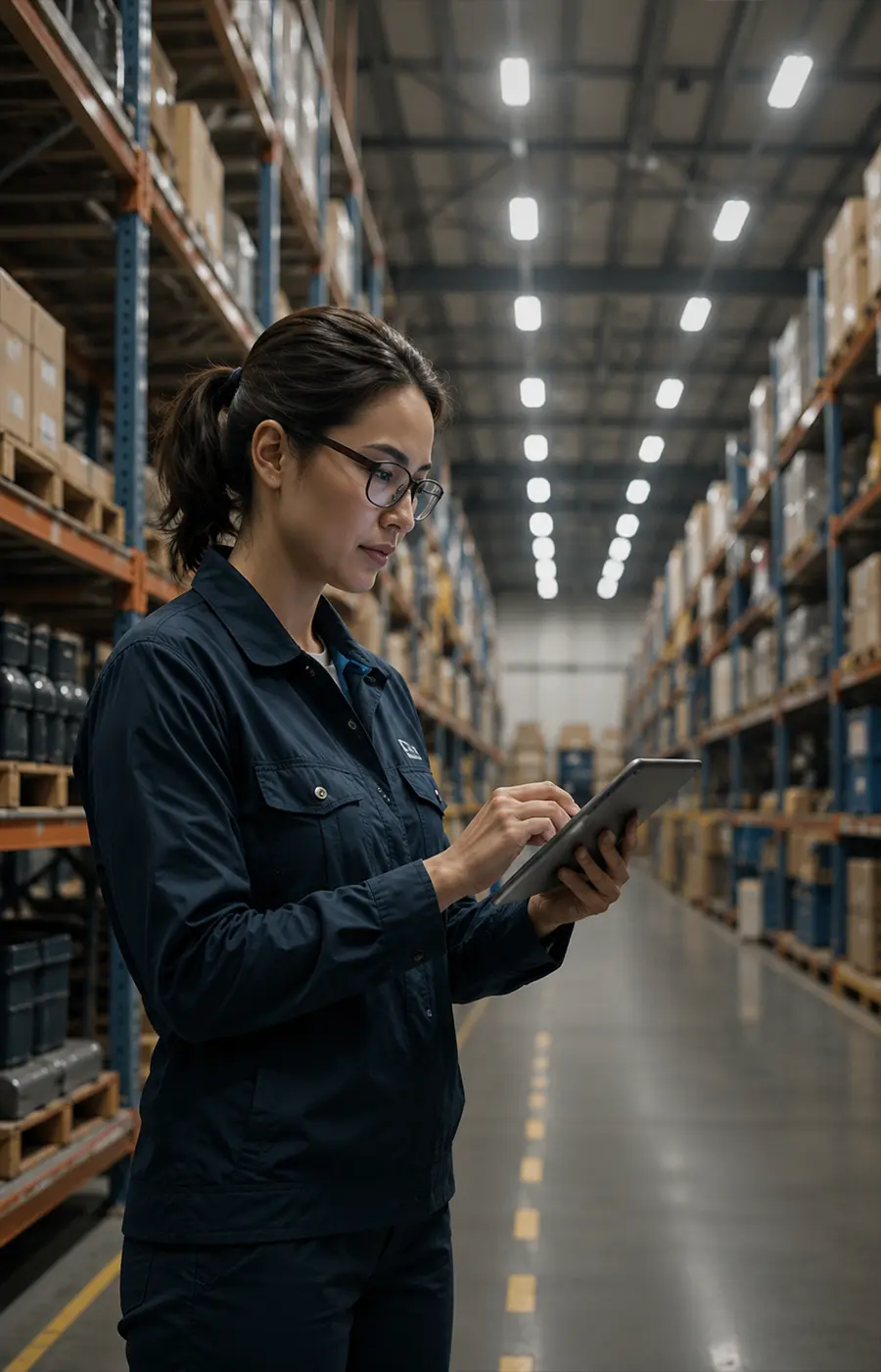 Warehouse worker using a tablet in a brightly lit storage aisle, surrounded by tall shelves of inventory and industrial supplies.
