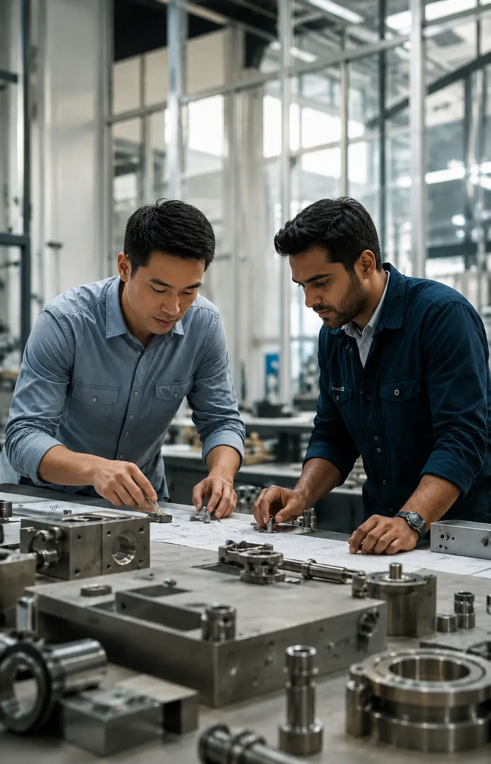 Chinese and Indian engineers reviewing technical drawings and precision metal components together in a clean industrial design lab.