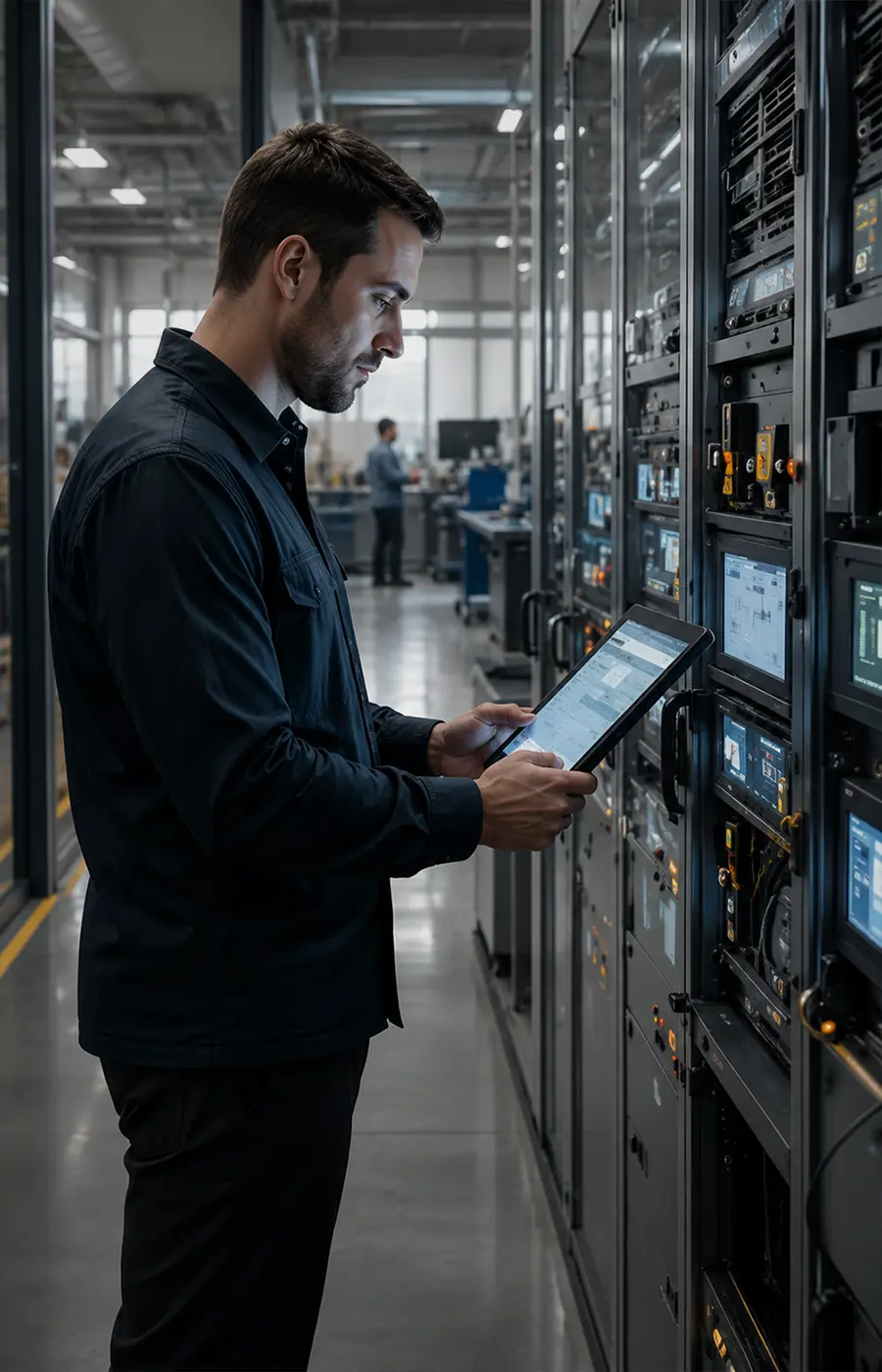Technician using a tablet beside industrial control systems and equipment racks in a modern operations facility.