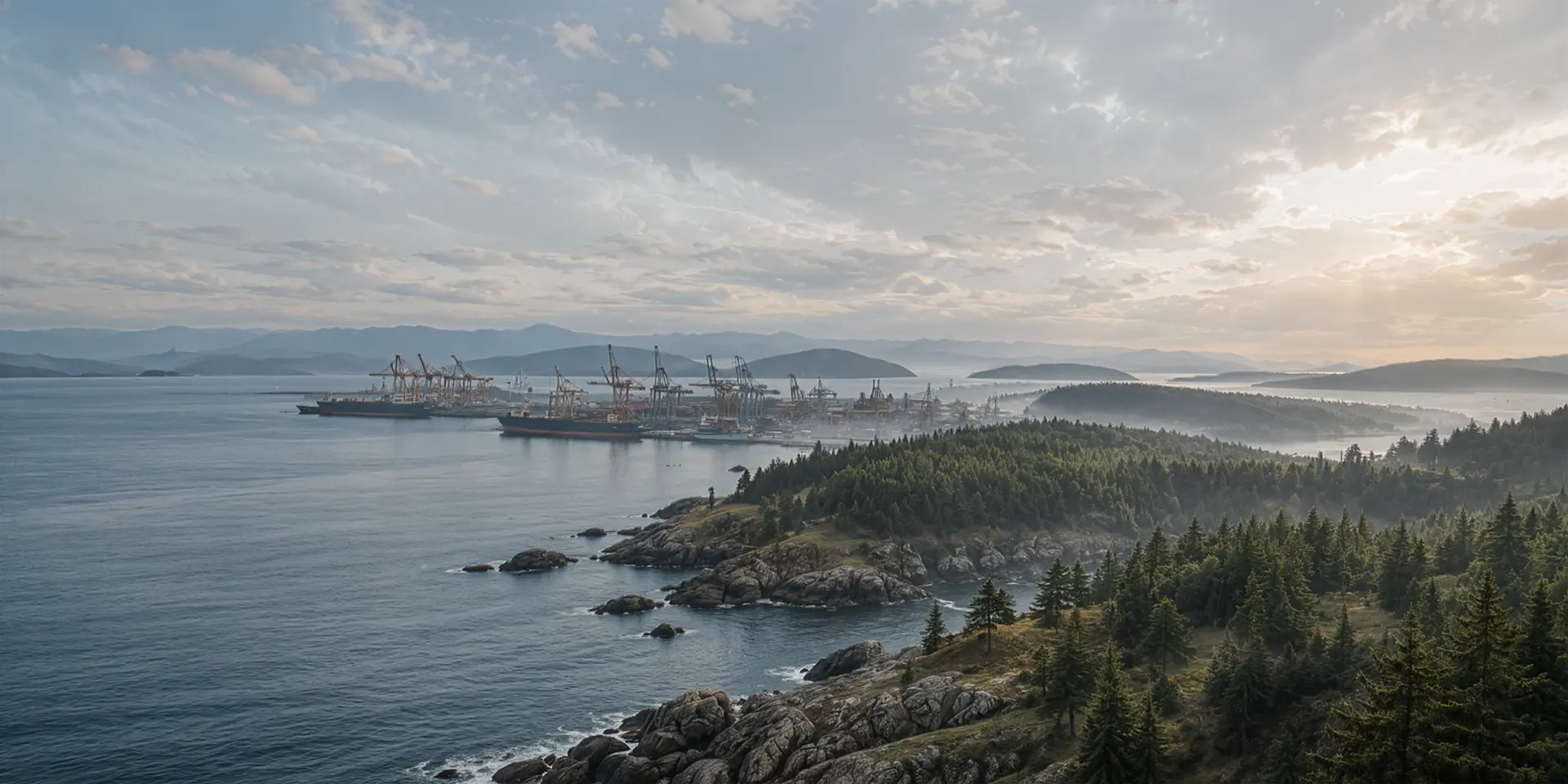 Natural landscape with a port and ships offloading cargo