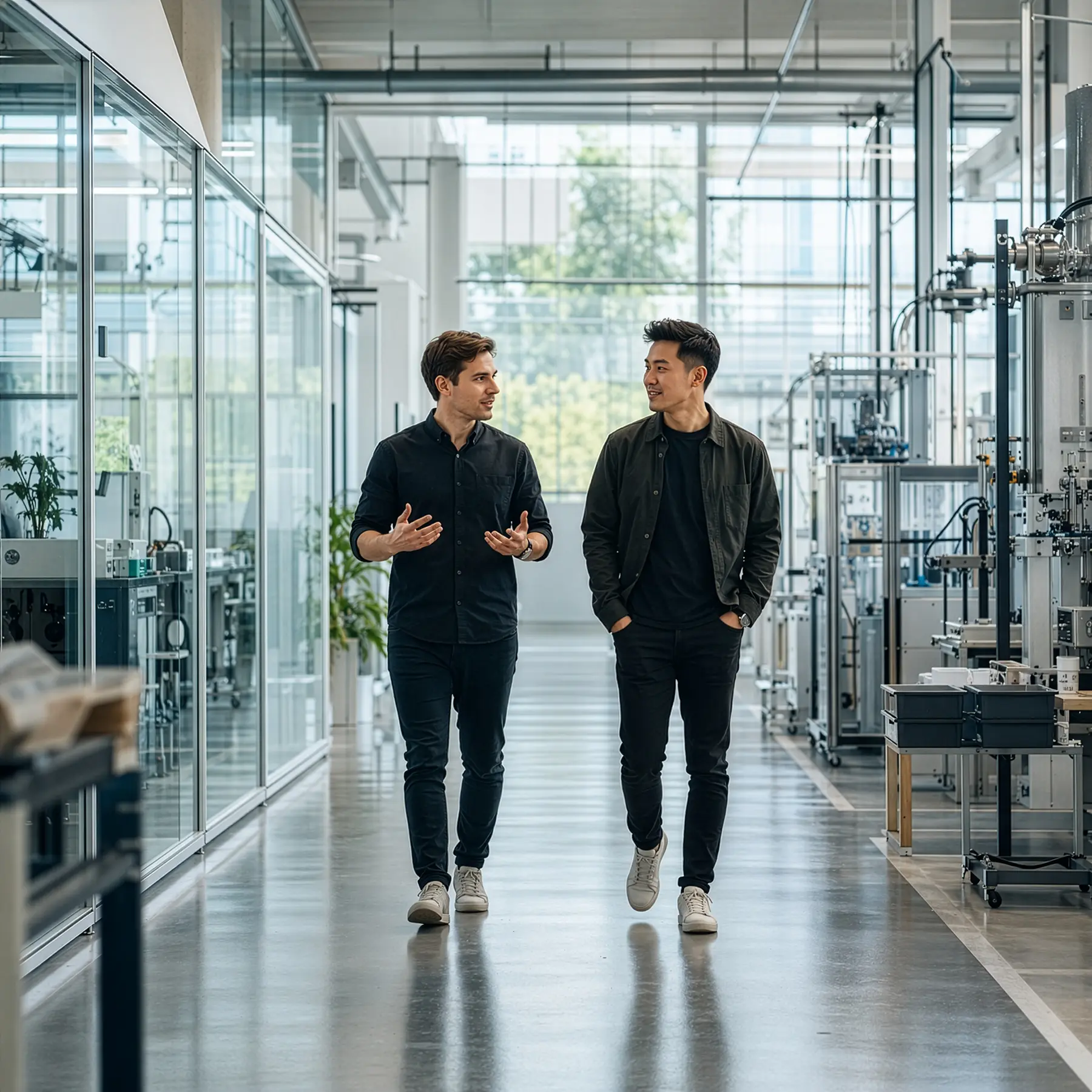 Two founders walk through a bright modern manufacturing facility, both engaged in conversation while surrounded by industrial equipment and clean production lines.