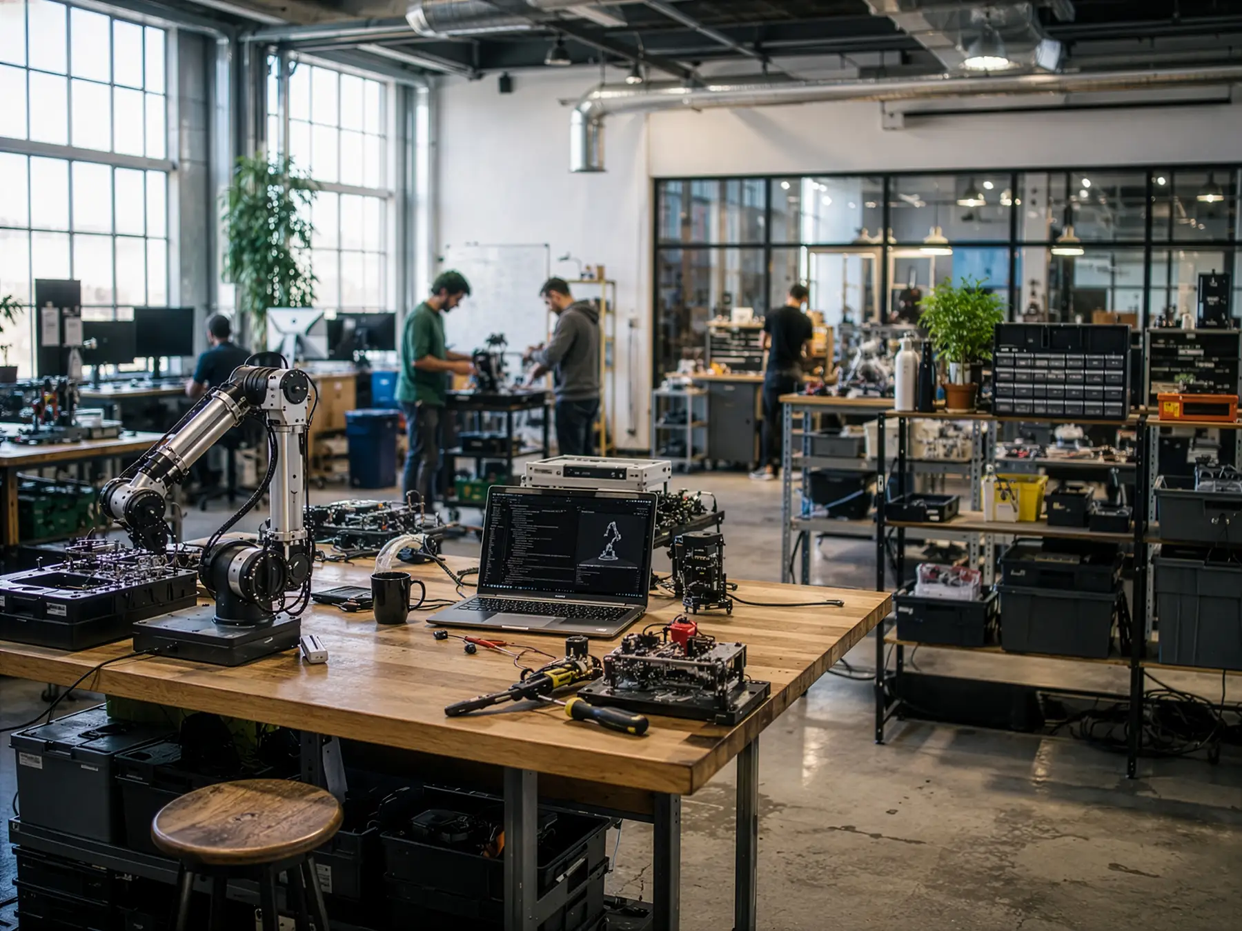 A Hardware startup's office with robots and computers on desks and workbenches.