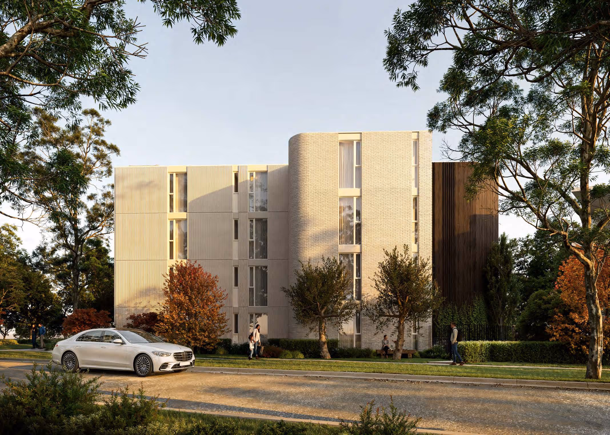Mercer and Oak external facade. four storey building, the east building in white brick