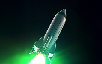Rocket launching into space with bright green exhaust flame against dark sky.