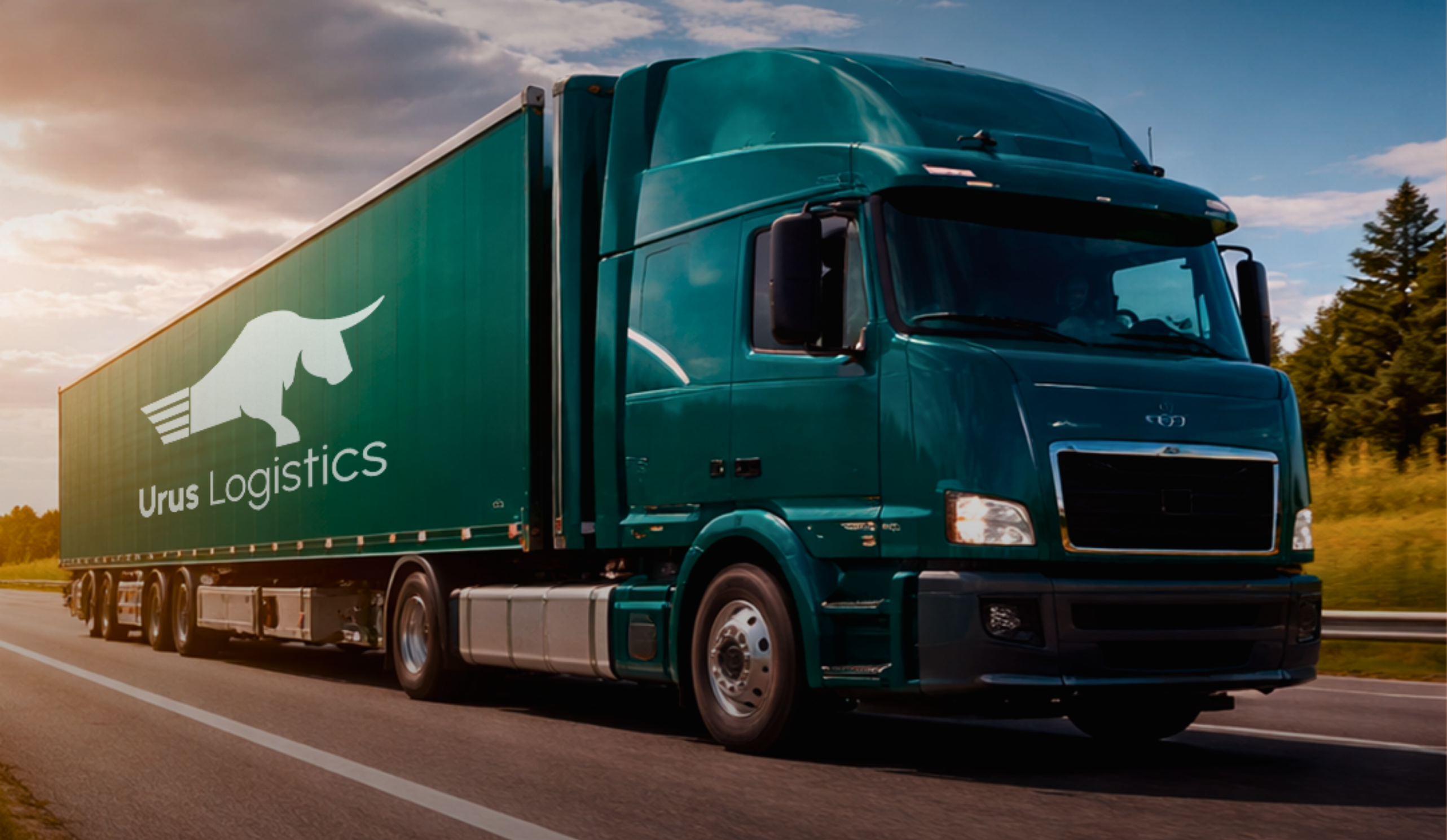 Green delivery truck driving on a light green background next to Portuguese text saying the future of logistics is already in motion.