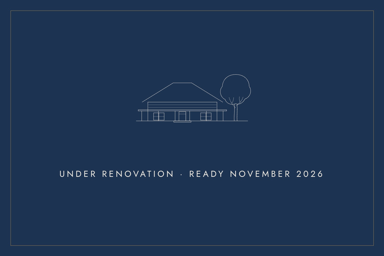 Line illustration of a villa. Under renovation, ready October 2026.
