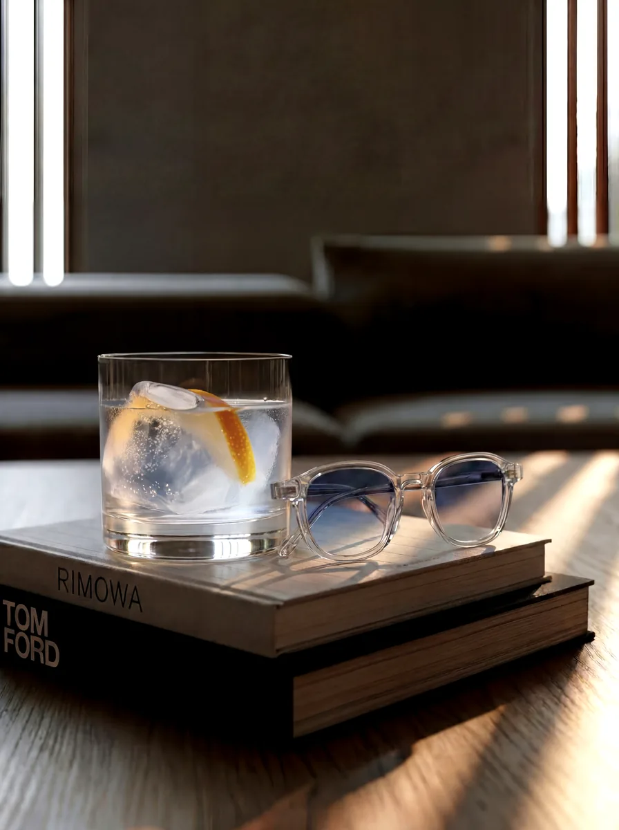 Glass tumbler and sunglasses resting on a book in warm evening light