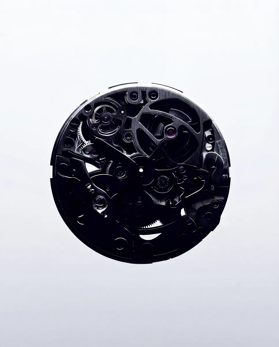Exposed mechanical watch movement showing its gearing in dark metal