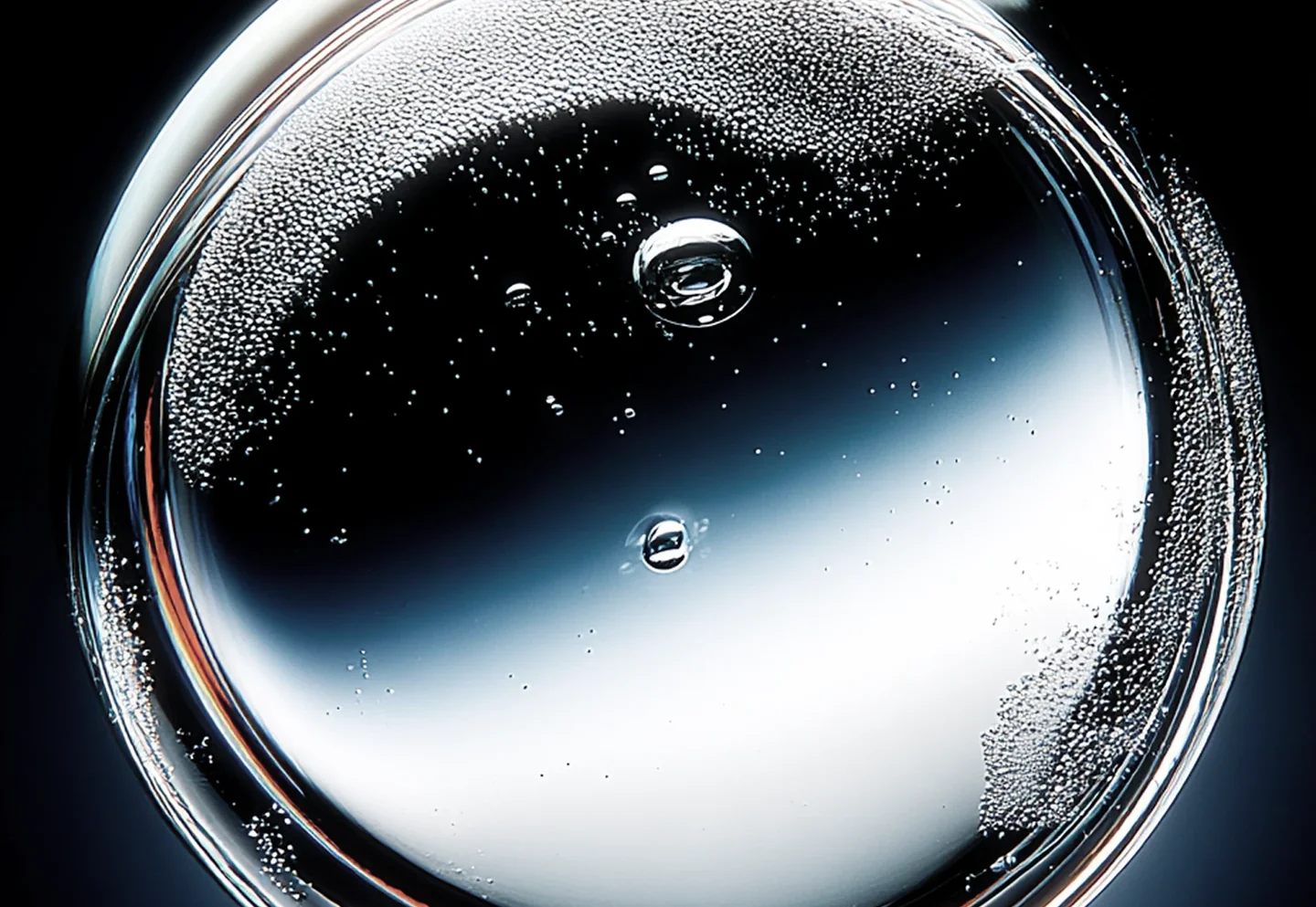 A clear glass sphere with droplets on a dark surface