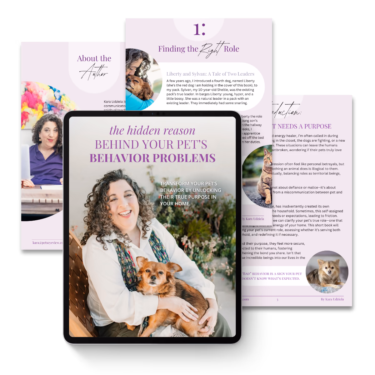 Kara holding a small dog on a brochure cover titled "Behind your Pet’s Behavior Problems."