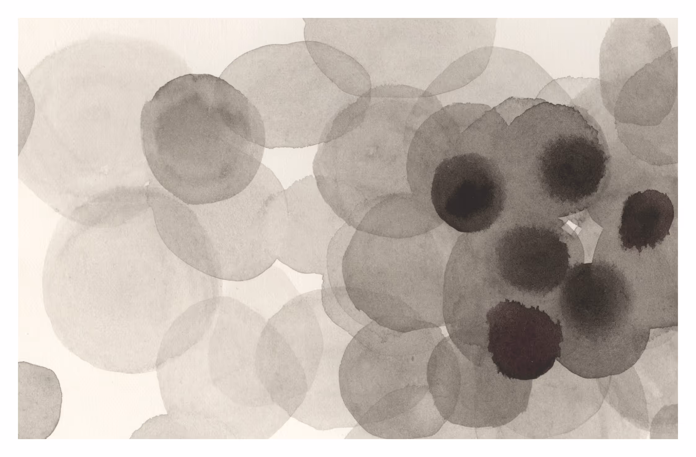 Minimal watercolor compositions using soft gradients, layered circular forms, and sparse dark accents to reflect the play’s themes of isolation, repetition, and emotional distance. The restrained palette and dispersed shapes create a quiet tension, suggesting fragmented relationships and the lingering presence of absence within empty space.

Mark-making by Amy Yi