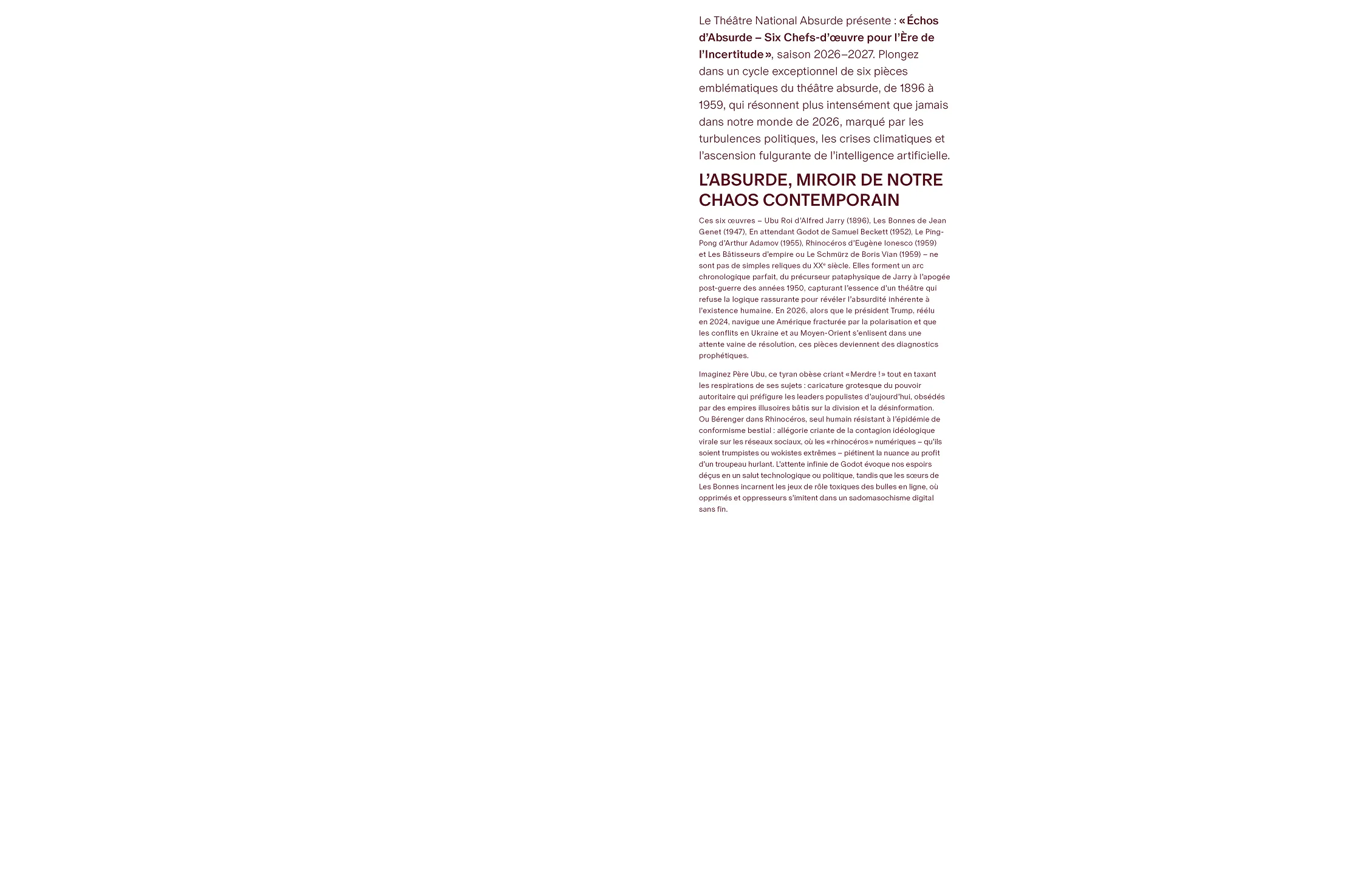An accompanying booklet containing information on the theatre of the absurd, featured plays, mission and values, venue details, and visitor information.