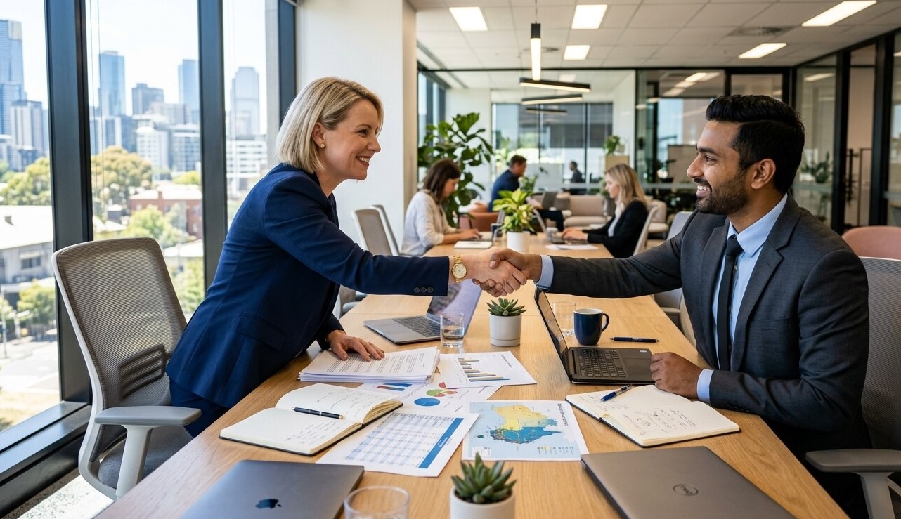 The image shows a professional setting where a man and a woman, both dressed in business attire, are shaking hands across a conference table in a modern office with large windows overlooking a cityscape. The table is covered with laptops, notebooks, documents, charts, and potted plants, indicating an engaged and productive meeting or agreement. Other professionals are seen working in the background, contributing to an atmosphere of collaboration and teamwork within a corporate workspace.