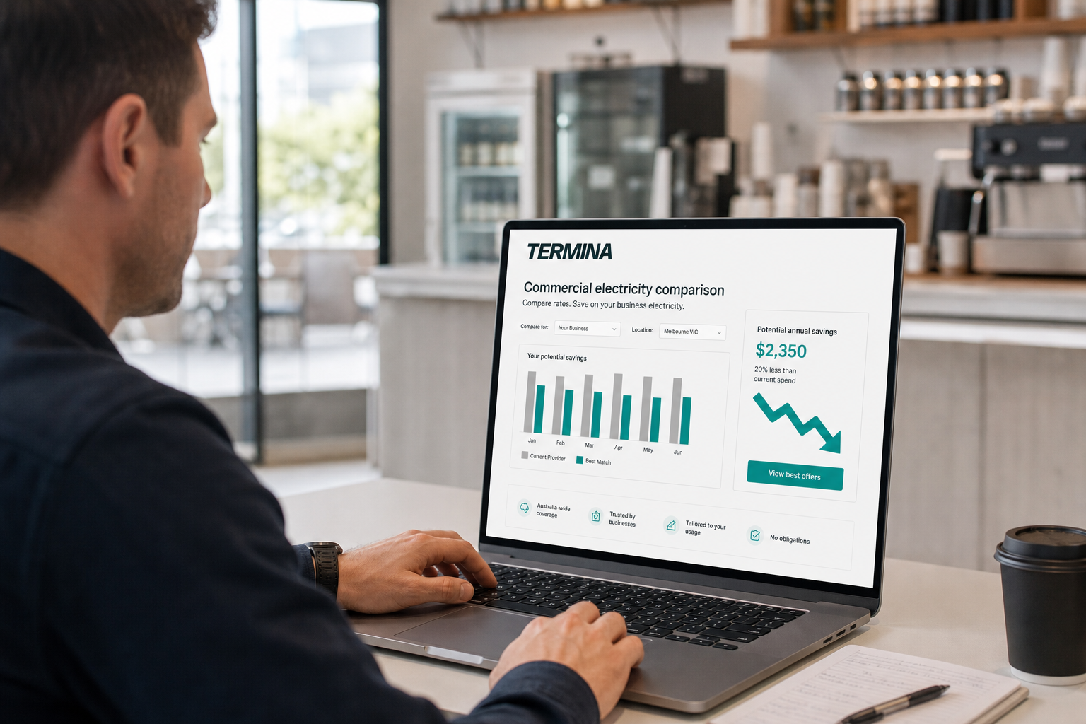 The image shows a person using a laptop displaying the TERMINA commercial electricity comparison platform. The interface allows users to compare electricity rates to save on business electricity expenses. The screen includes options to select business type and location (set to Melbourne VIC), a bar chart illustrating potential monthly savings compared to the current provider, and a highlighted potential annual savings amount of $2,350 which represents 20% less than the current spend. Additional features mentioned include Australia-wide coverage, trusted by businesses, tailored to usage, and no obligations. The setting appears to be a casual cafe or workspace.