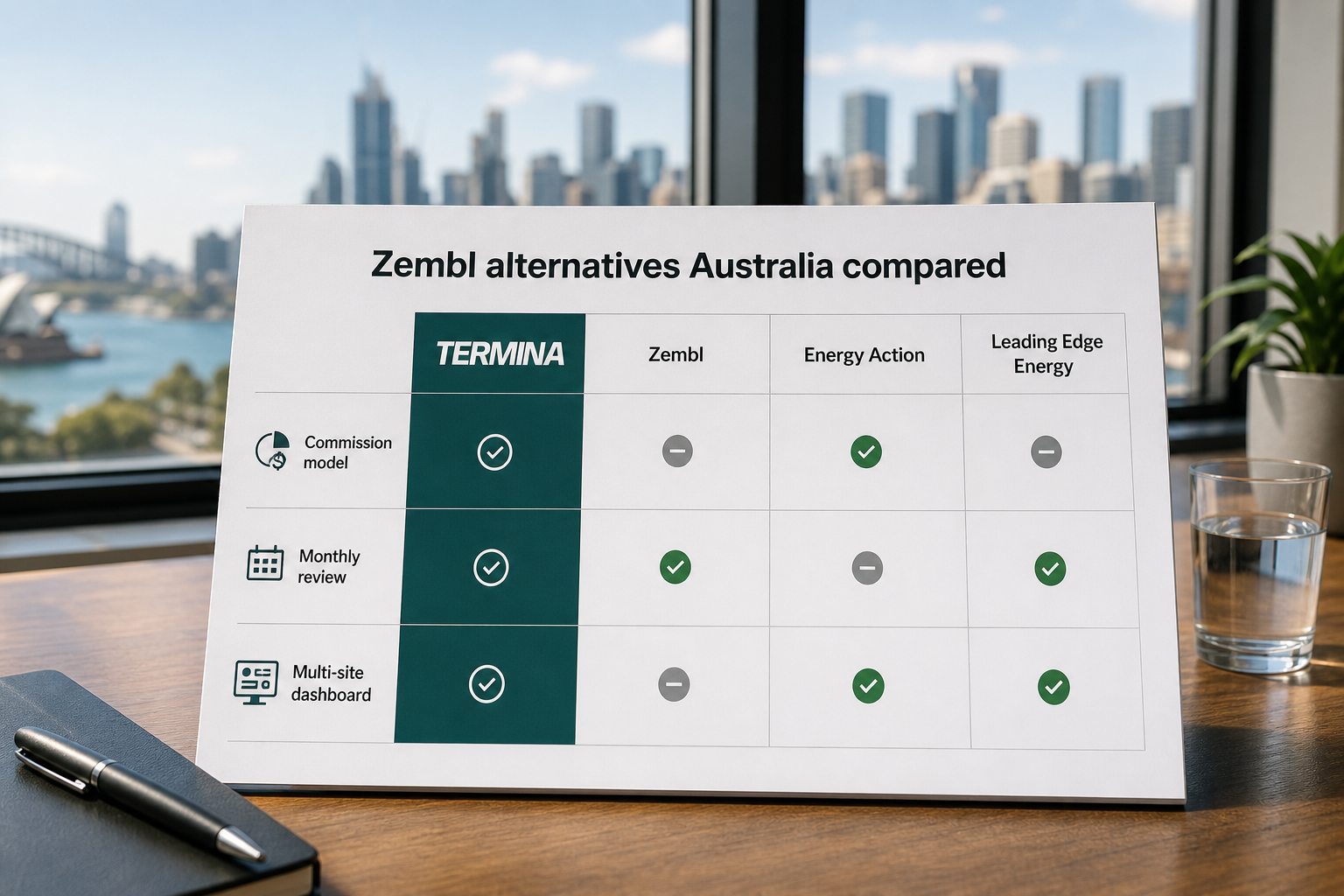 Comparison table of Zembl alternatives in Australia with Termina, Zembl, Energy Action, and Leading Edge Energy