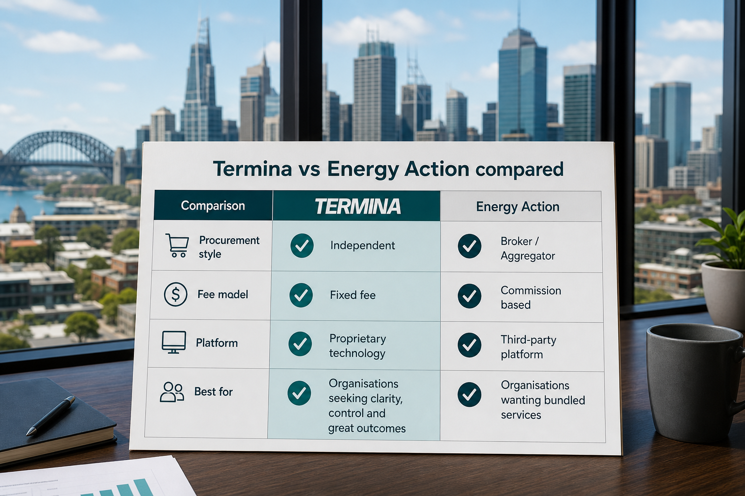 Side by side comparison of Termina and Energy Action for Australian businesses