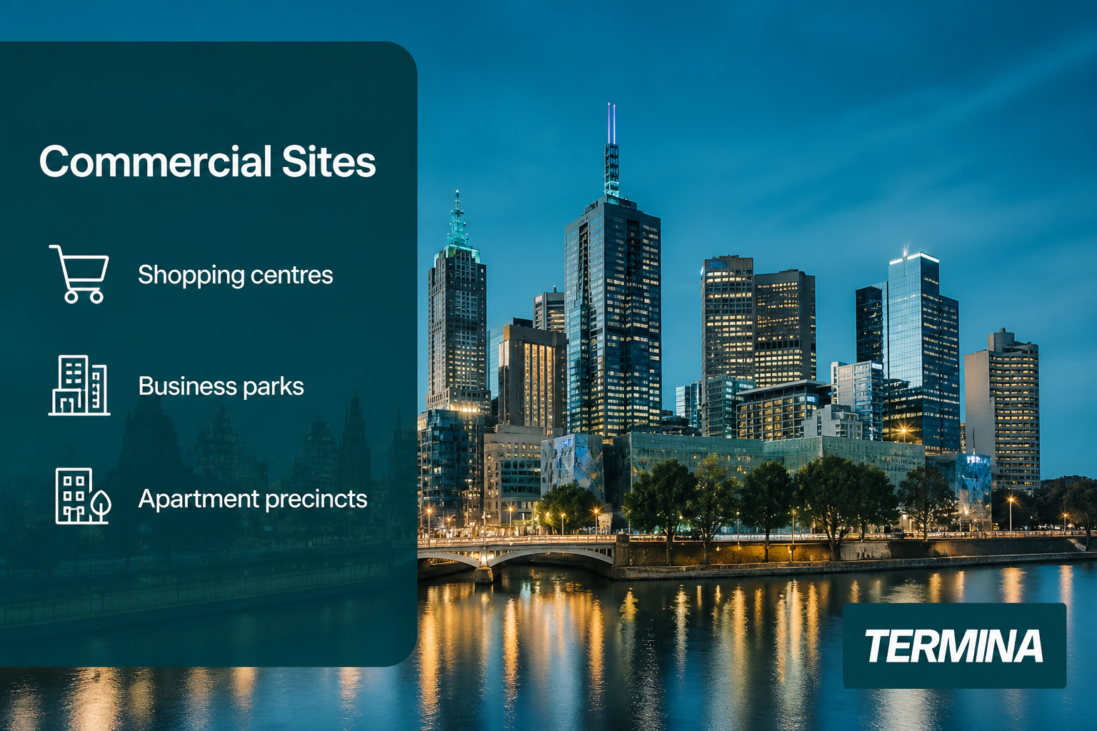 This image highlights three types of commercial sites that are suitable for embedded electricity network solutions offered by Termina. The background shows a modern city skyline at dusk, featuring illuminated commercial buildings and a river in the foreground. Overlaid on the left side is a semi-transparent blue panel listing the commercial site categories: shopping centres, business parks, and apartment precincts, each accompanied by a relevant icon. The Termina logo is visible at the bottom right corner. This image is intended for use in professional presentations and documentation related to embedded electricity networks for commercial properties.