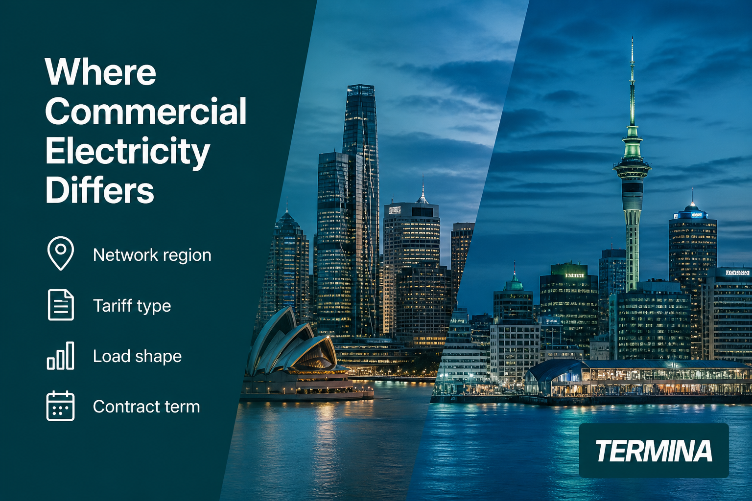 This image highlights the key factors that cause differences in commercial electricity supply and pricing. It lists four major elements impacting commercial electricity: network region, tariff type, load shape, and contract term. The left side of the image presents these factors with icons next to each, while the right side shows a composite cityscape background, representing urban commercial areas. The image is branded with the TERMINA logo, indicating it is related to TERMINA's commercial electricity services or market insights. This graphic can be used in professional knowledge bases or presentations to explain why and how commercial electricity pricing varies across different contexts.