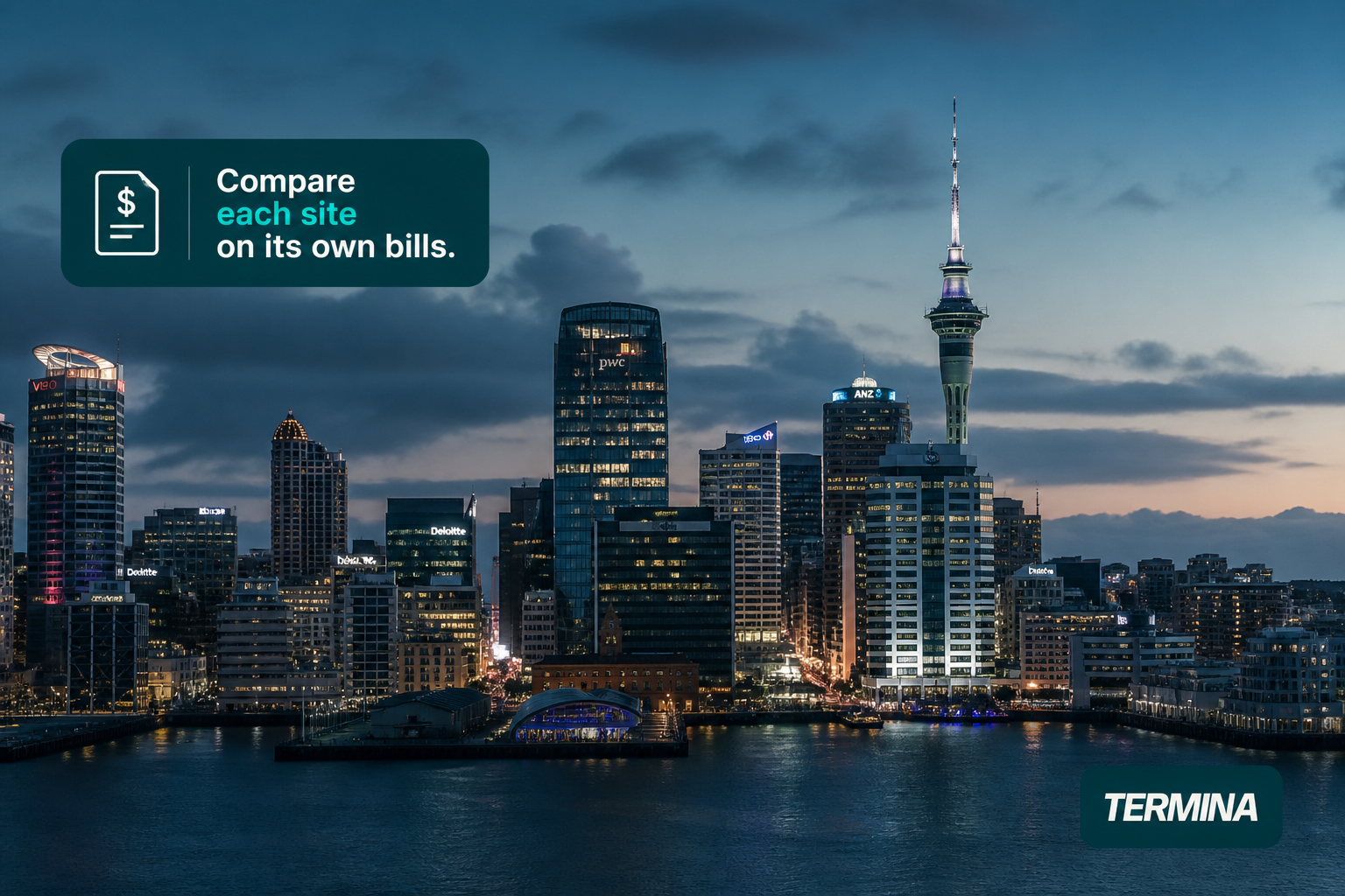 This image features a twilight cityscape of Auckland's central business district with prominent skyscrapers and the Sky Tower. Overlay text advises businesses to compare each site on its own energy bills to achieve accurate comparisons, emphasizing a tailored approach to electricity cost analysis. The image includes the branding of Termina, suggesting a service or platform specialized in business electricity bill management or comparison in the Auckland area.