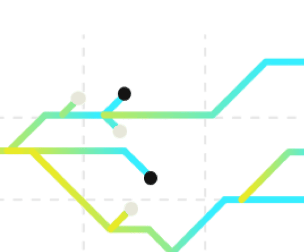 Abstract network diagram with intersecting yellow and blue-green lines connected by black and white circular nodes on a grid background.