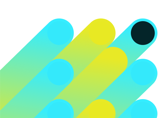 Abstract arrangement of overlapping diagonal turquoise and yellow rounded bars with circular ends on a dark background.