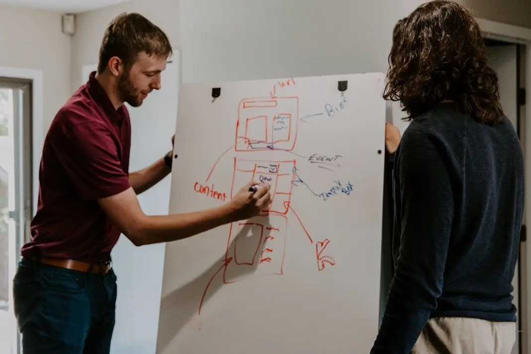 Two people discussing and drawing a flowchart or wireframe on a large whiteboard.