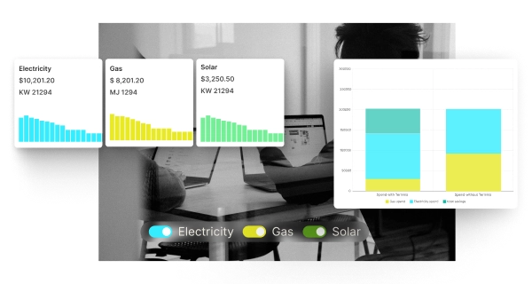 Dashboard showing electricity, gas, and solar expenses with bar charts and toggle switches for each energy type against a background of people working on laptops.