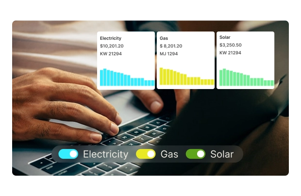 Energy cost and consumption dashboard showing Electricity, Gas, and Solar data with bar graphs and a comparison chart of spend with and without Termina.