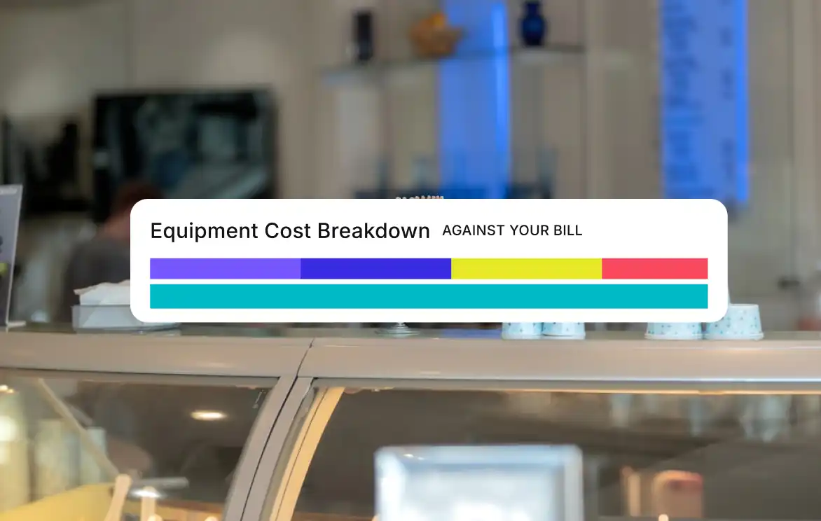 Dashboard showing electricity, gas, and solar costs with bar charts and a stacked bar graph comparing spend with and without savings.