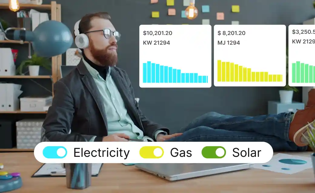 Dashboard showing electricity, gas, and solar costs with bar charts and a stacked bar graph comparing spend with and without savings.