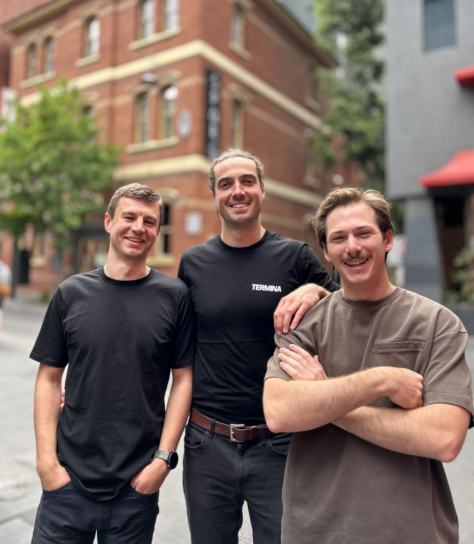 Termina’s founders Michael Koopman, Rodrigo Garcia-Mulder and Tom Dempster in a Melbourne laneway