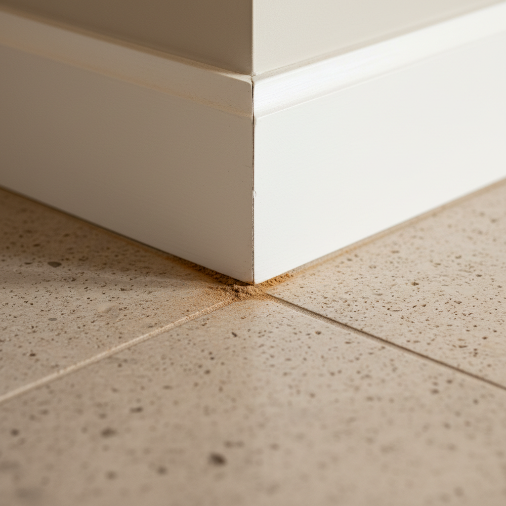 Close-up of a white baseboard at floor level showing contrast between a dusty corner and a freshly cleaned surface on polished tile