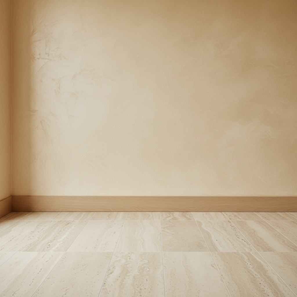 Close-up of a Venetian plaster wall meeting a honed travertine floor in a luxury interior, lit by soft natural sidelight