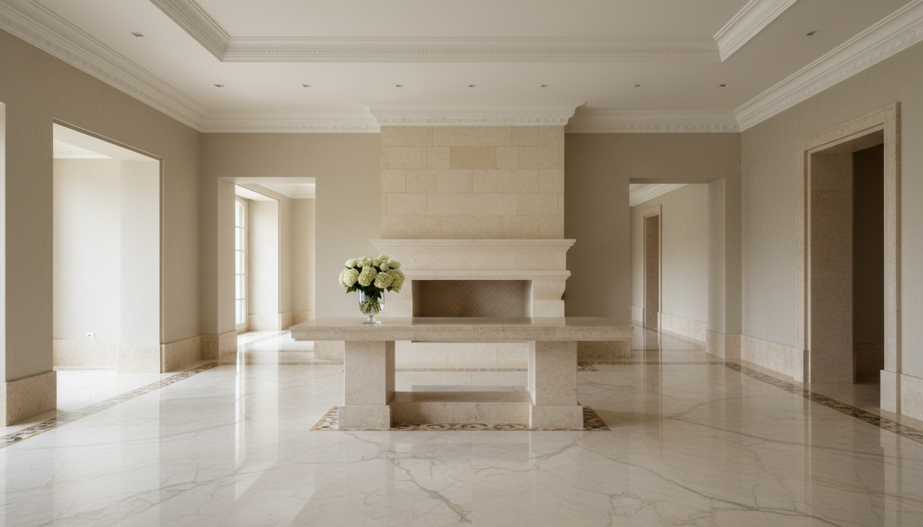 Grand luxury home interior with expansive marble flooring, soaring ceilings, and a stone fireplace in soft natural light