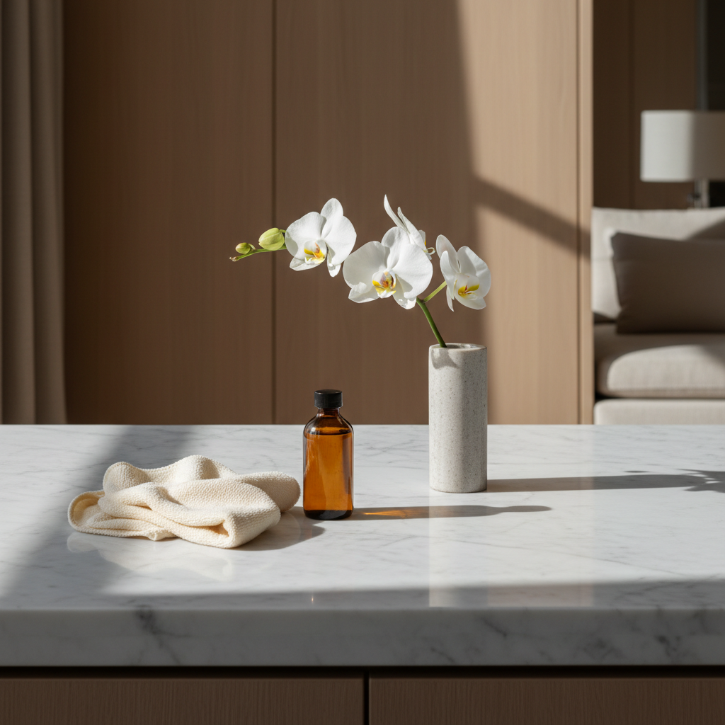 Pristine white marble countertop with a folded microfibre cloth, a glass bottle, and a white orchid in soft window light