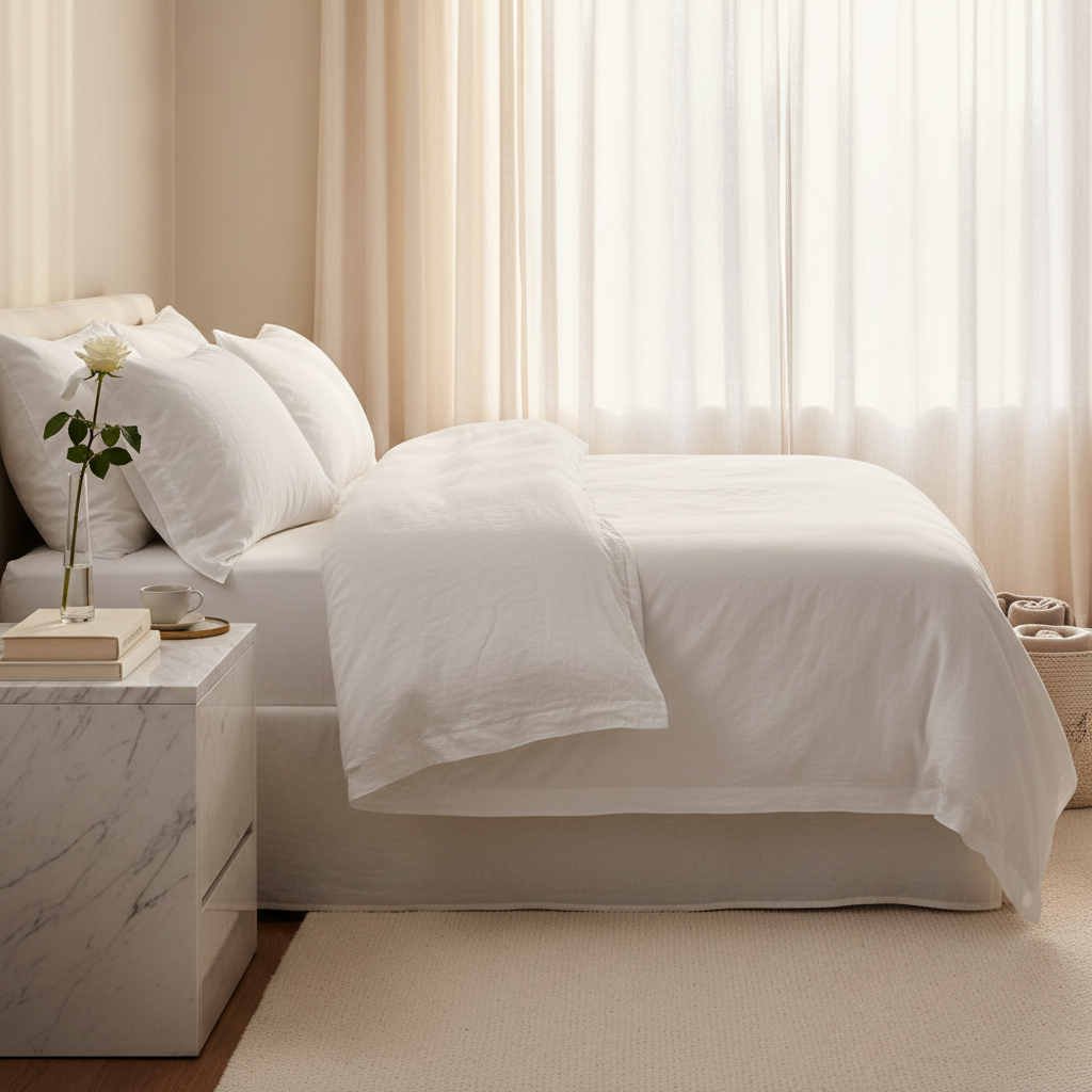 Freshly made luxury bed with white linen and polished marble nightstand in soft morning light, conveying immaculate ongoing care