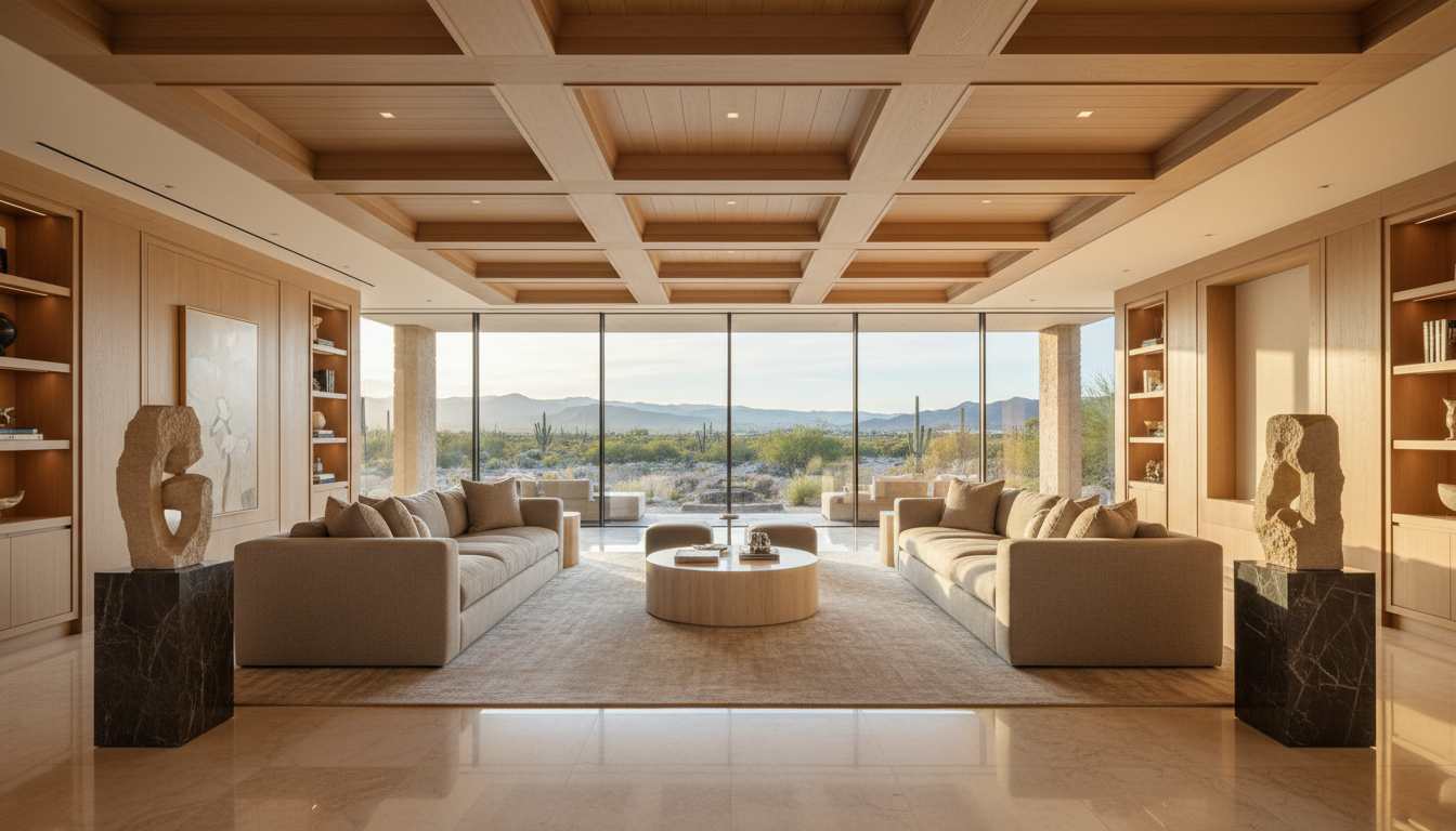 Expansive luxury estate great room with marble floors, coffered ceilings, and floor-to-ceiling windows in warm natural light