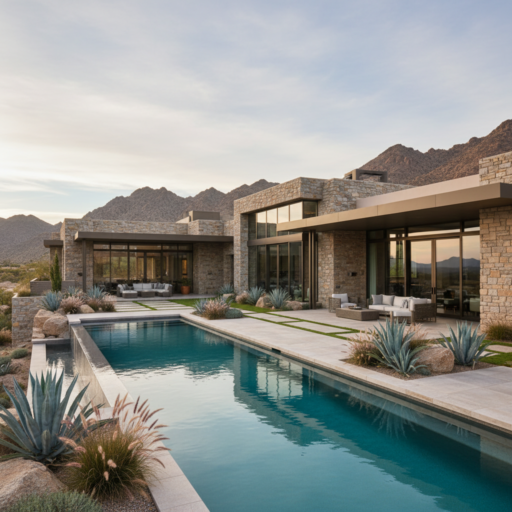 Large multi-wing luxury estate with natural stone facade, infinity pool, and desert landscaping in soft golden light