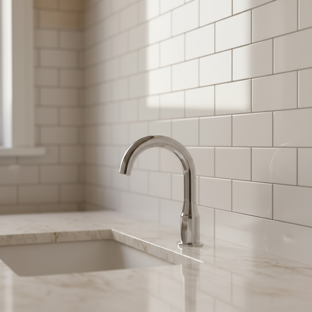 Luxury bathroom with clean white tile grout lines and a polished chrome faucet on a stone vanity in warm natural light